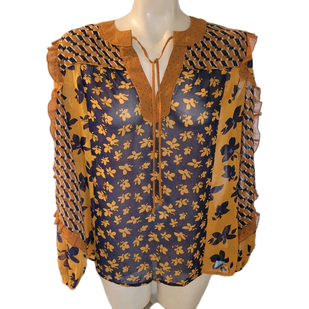 CABI Designer Floral Print Ruffle Trim Blouse Sheer Long‎ Sleeve Top bohemian